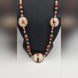 Vintage Murano Art Glass Necklace - Gold Foil Lampwork Beads, Red & Black